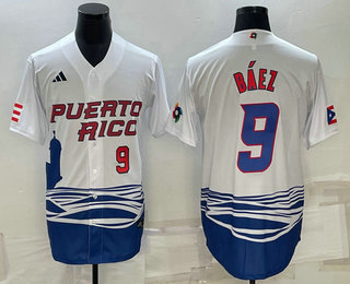 Mens Puerto Rico Baseball #9 Javier Baez Number White 2023 World Baseball Classic Stitched Jersey